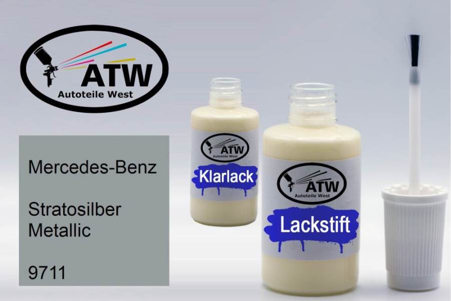 Mercedes-Benz, Stratosilber Metallic, 9711: 20ml Lackstift + 20ml Klarlack - Set, von ATW Autoteile West.